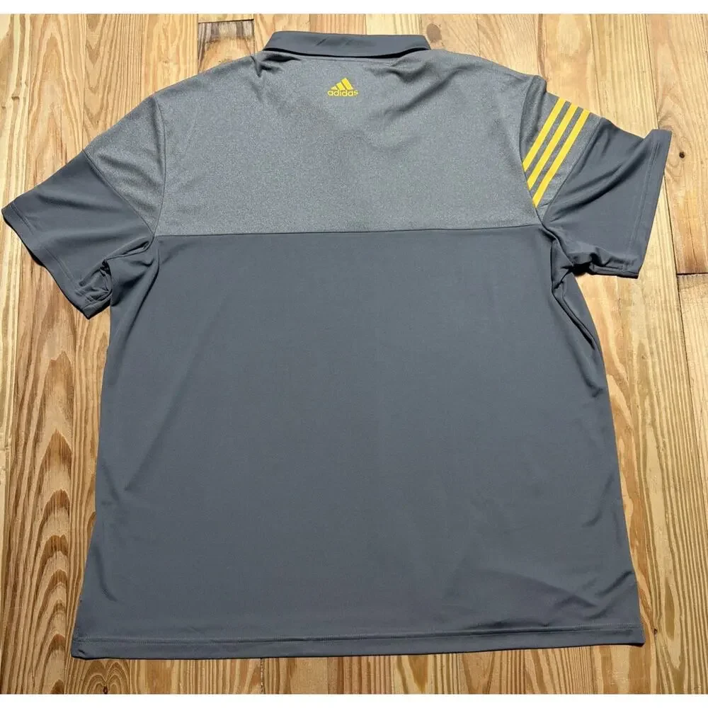 Adidas Heathered 3-Stripes Colorblocked Polo Golf Shirt Grey/ EQT Yellow 2XL New